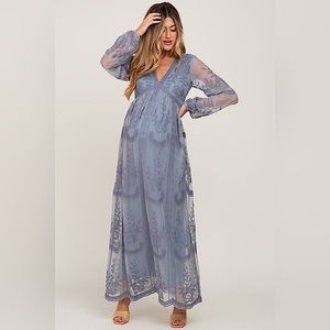 PinkBlush Blue Grey Lace Mesh Overlay Long Sleeve‎ Maternity Maxi Dress